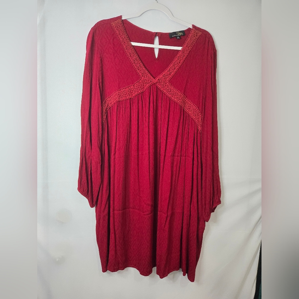 Red Women's Knee Length Dress with Lace Detail V-Neck Long Sleeve Size 1X